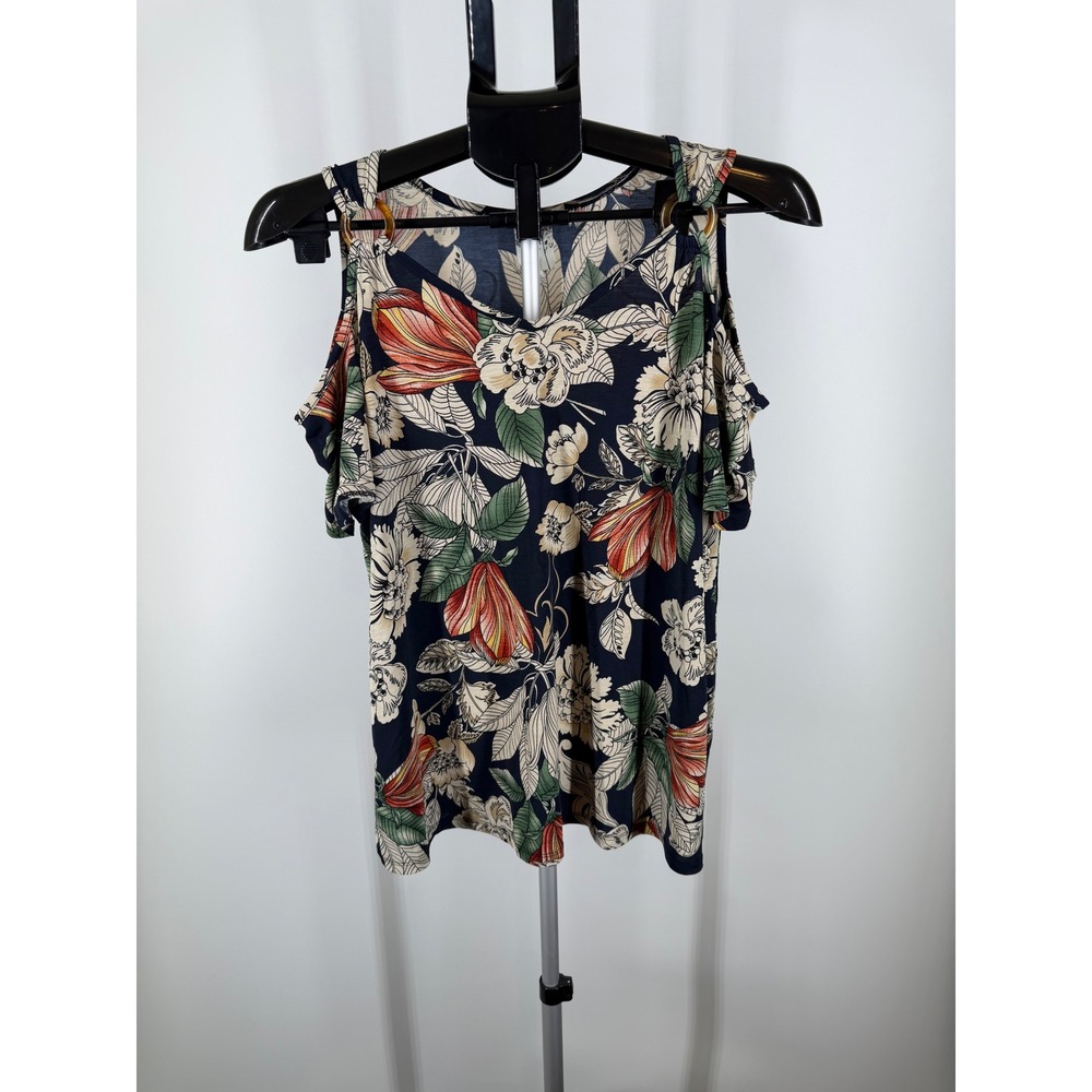 Naif Navy Floral Cold Shoulder Top Short Sleeve Ring Detail L